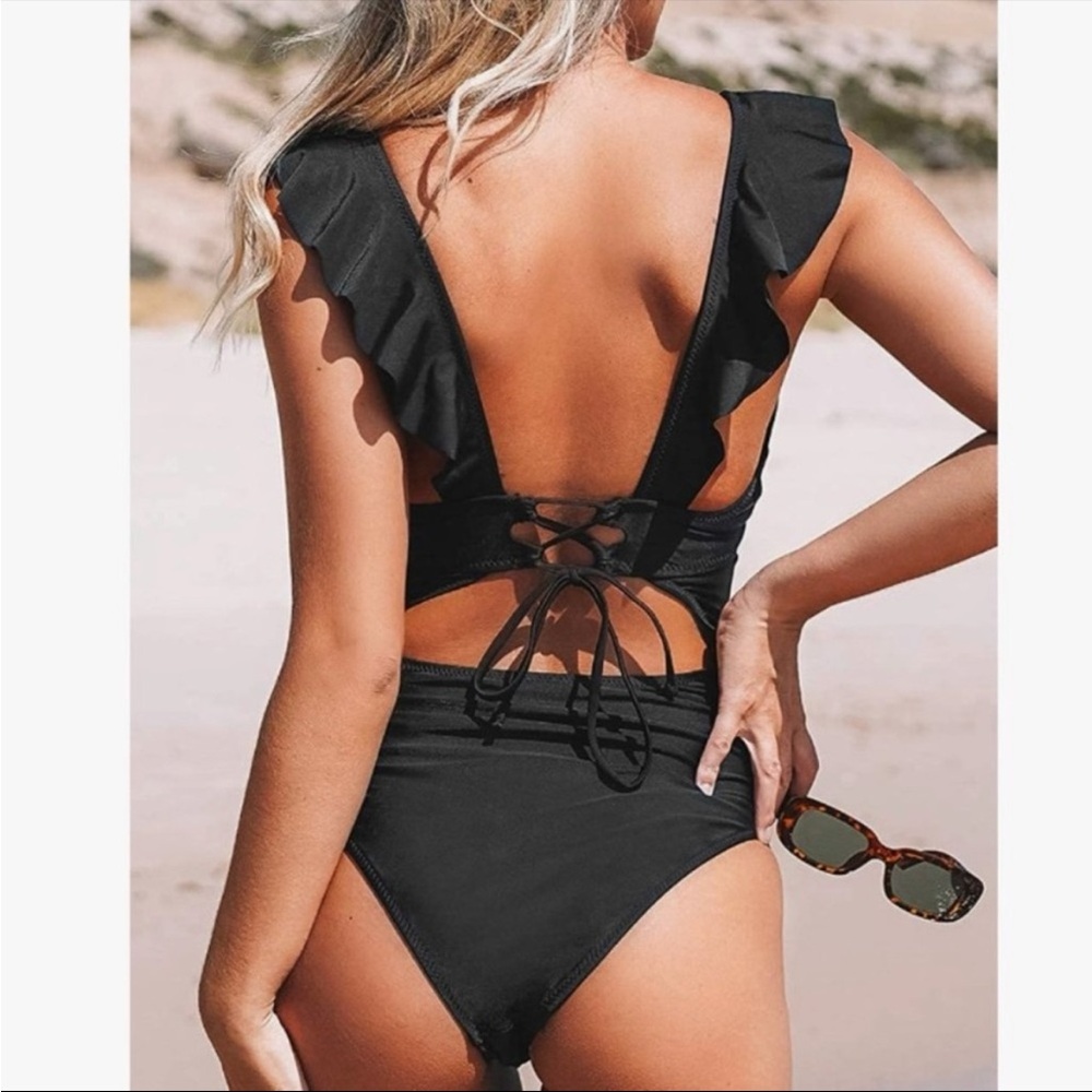 NEW CUPSHE Women's black V Neck One Piece Swimsuit Ruffled Lace Up Monokini S